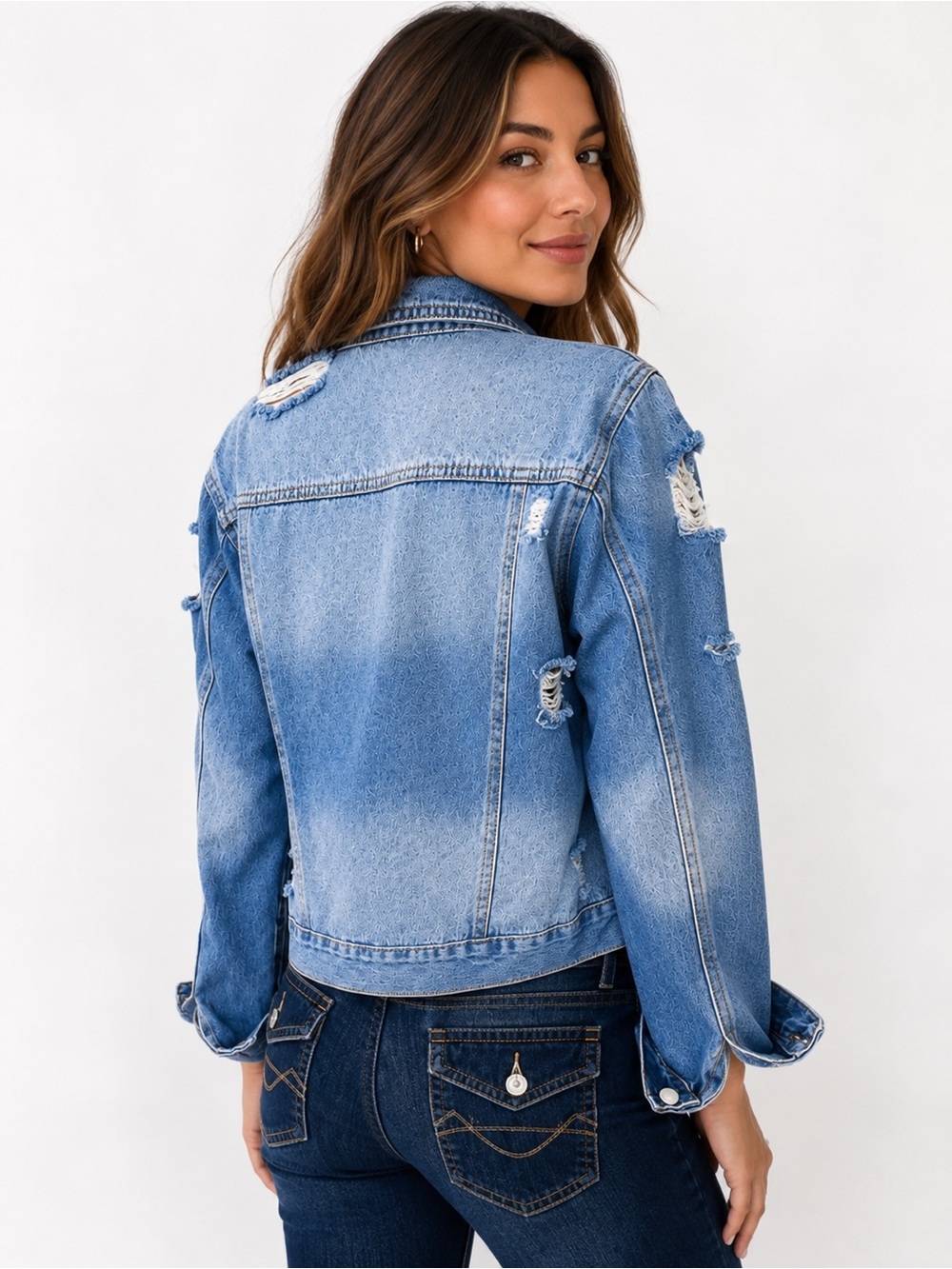 Distressed Blue Ripped Button-Up Denim Jacket – Size 8 - Picture 3 of 12